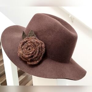 Rhthym Hat, Wool, Rich Brown, Crochet Floral Accent